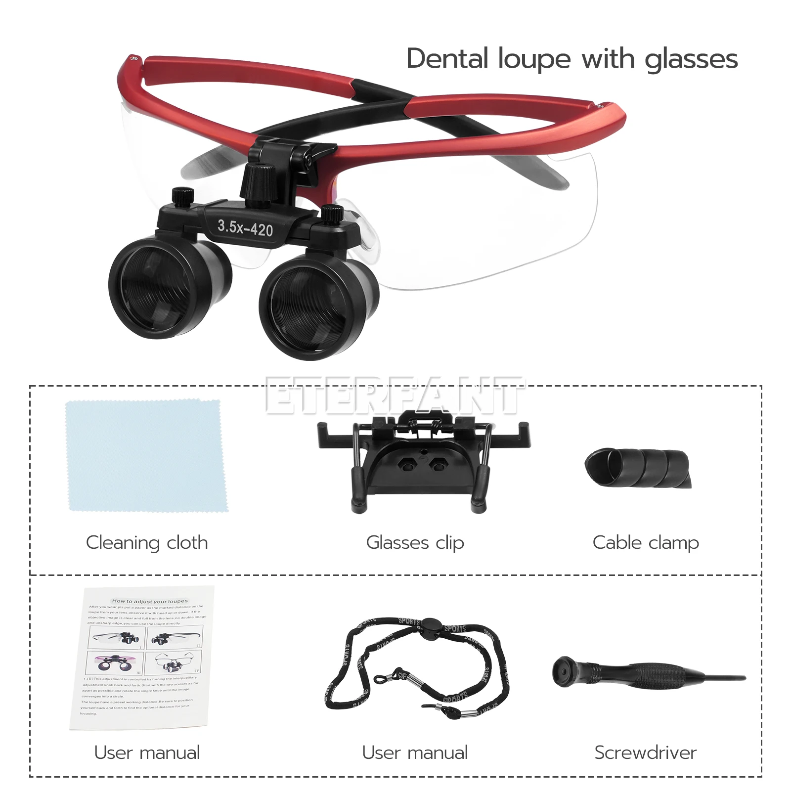 

ETERFANT стоматологическая медицинская хирургическая бинокулярная лупа-лупы 3,5X-420 мм оптическая линза высокой четкости красная