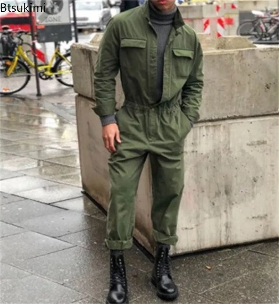 2025 Autumn Winter Fashion Men Clothing Jumpsuits New Stand Collar Long Sleeve Trousers Men Casual Streetwear One Piece Overalls