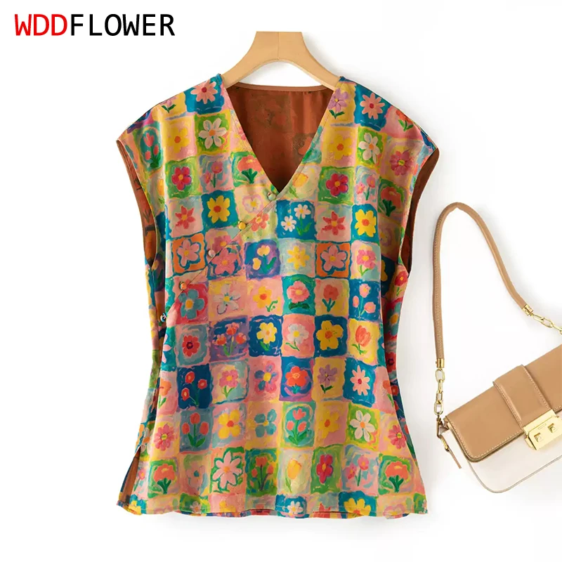 

100% Mulberry Silk Gambiered Guangdong Silk Women Shirt Cap Sleeve Colorful Floral Printed Casual Top Tee T-shirt Summer FF088