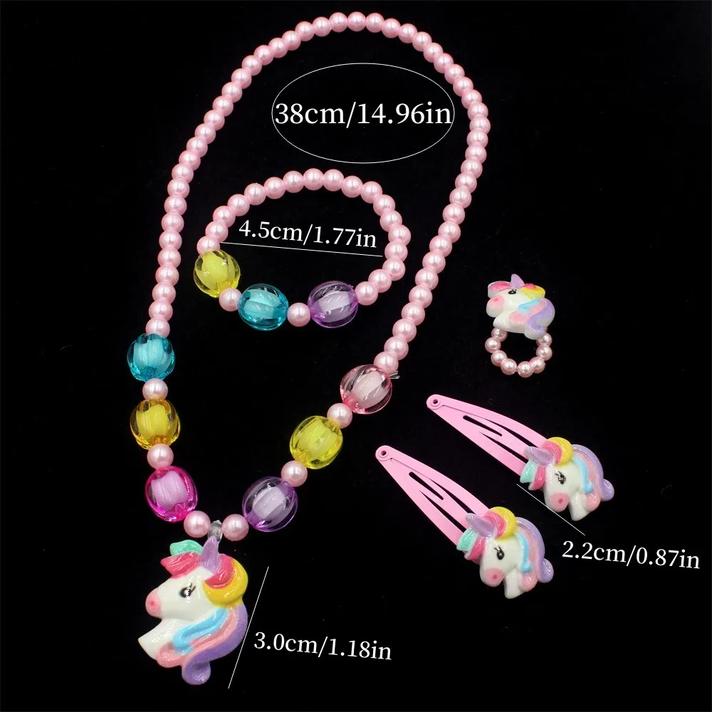 مجموعة واحدة من المجوهرات المصنوعة يدويًا على شكل وحيد القرن للأطفال، مجموعة مجوهرات مطرزة على شكل حيوان لطيف وسوار وخاتم ومشابك شعر كهدية للأميرة الصغيرة #6