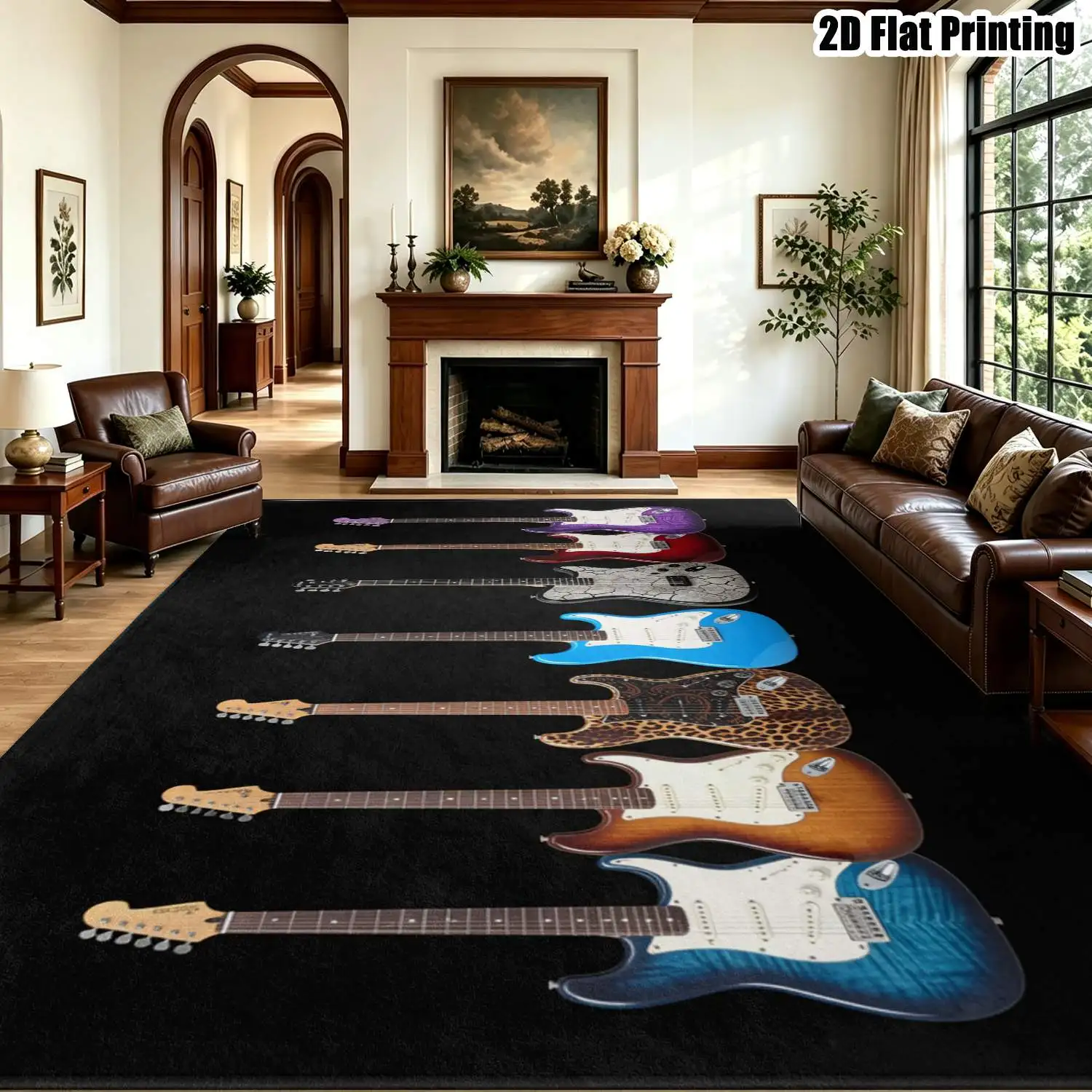 1Pc 2D Printed Multi-Color Electric Guitar Pattern Carpet, Suitable for Instagram & Vintage Decor, Machine Washable, Multi-Size, for Home & Door Mats