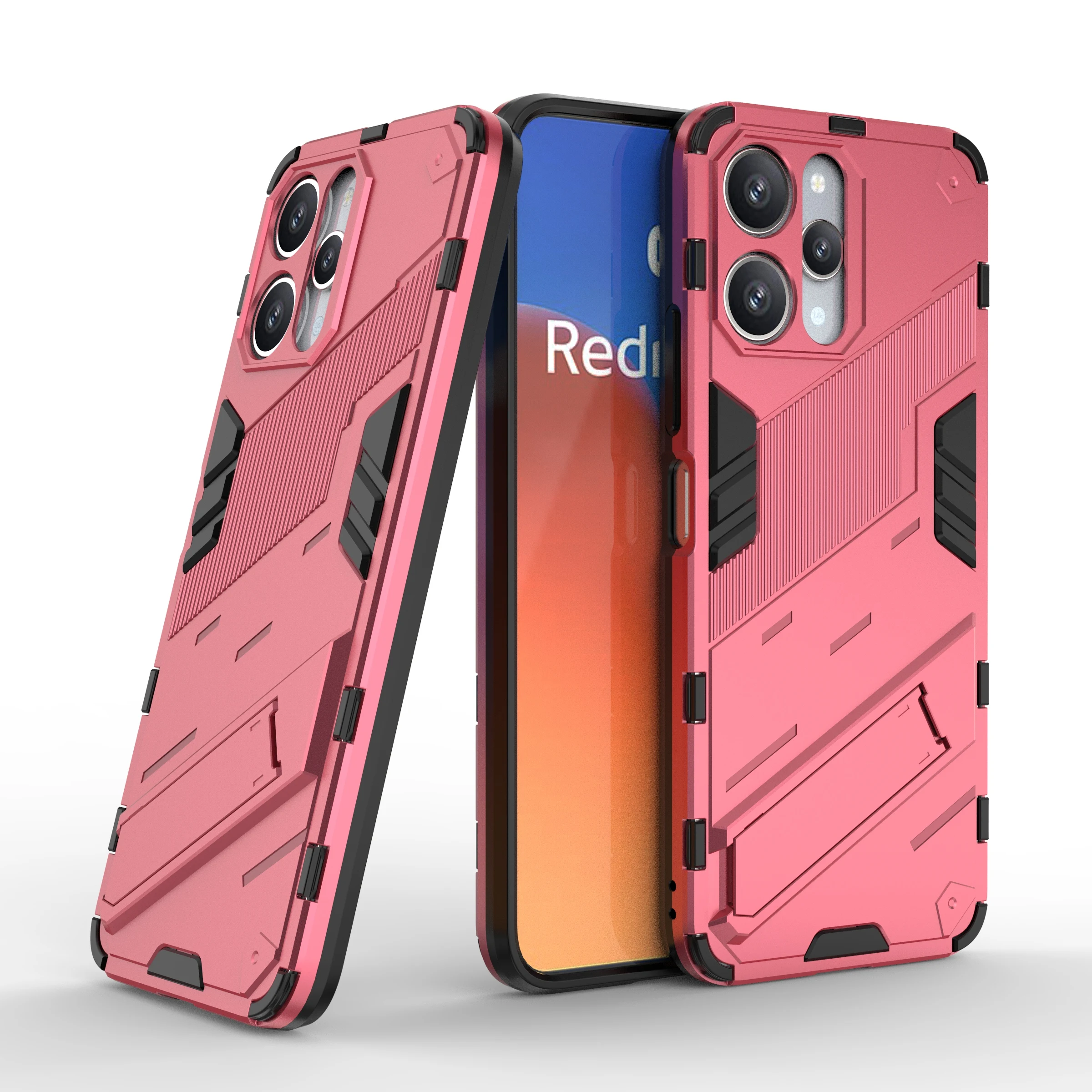 Per Xiaomi Redmi 12 4G / 12 5G (Global) / Poco M6 Pro 5G Custodia protettiva antigoccia per telefono Cavalletto PC + Cover per telefono in TPU - Rosa