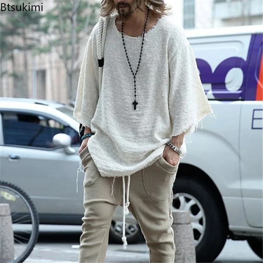 

Summer New Men's Fashion Harajuku T-shirts Loose Casual Solid Burrs Edge Tees Street Style Vintage Pullover Tops for Men Clothes