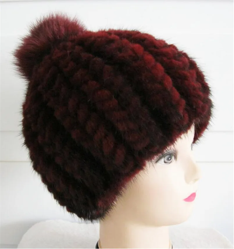 قبعة مريحة مخططة من فرو المنك والثعلب - قبعة شتوية دافئة محبوكة مع كرة كبيرة فاخرة، أزياء نسائية أنيقة #6