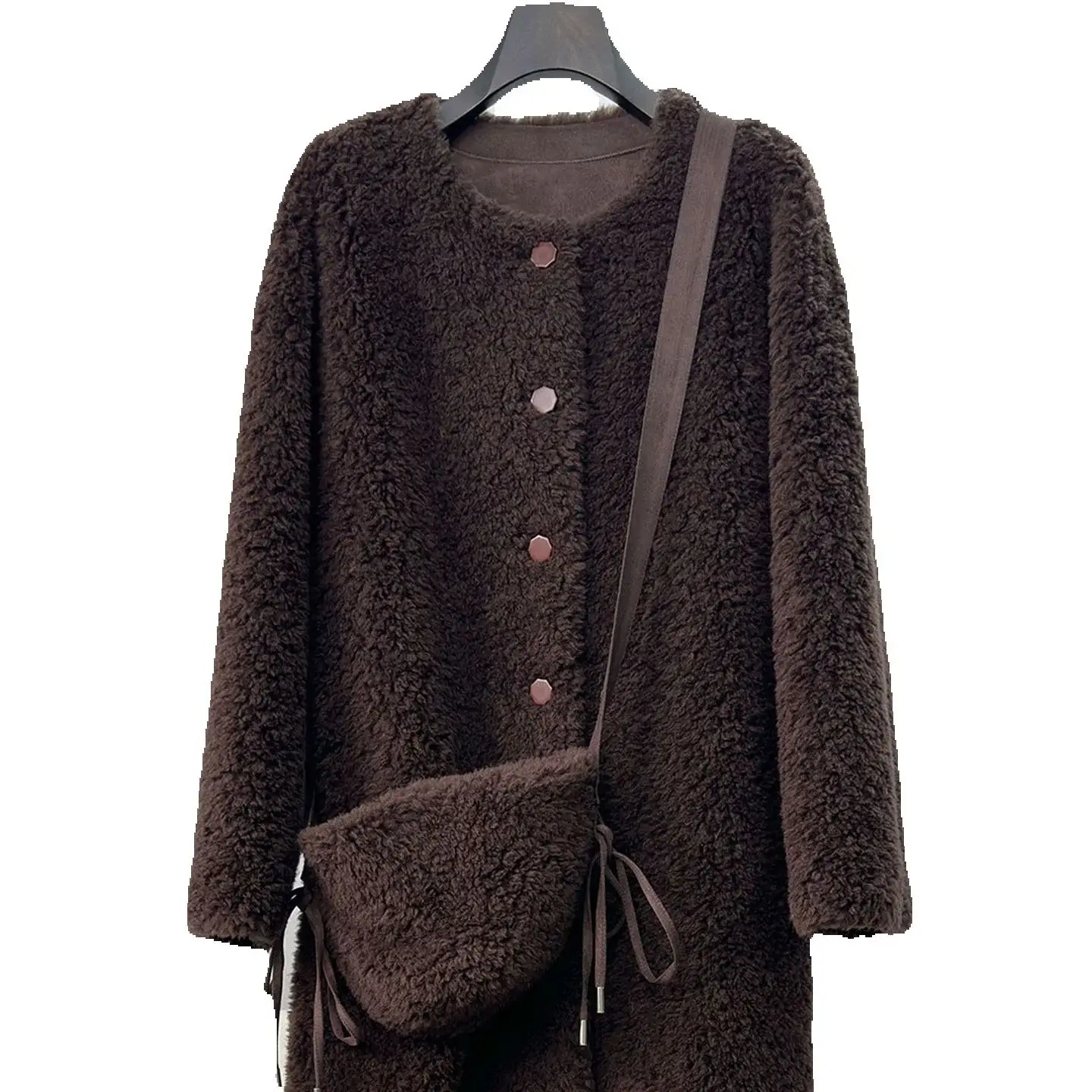 "Gift Bag" : 100% wool, sheared fleece and fur integrated fur coat for women, mid-length lambskin coat