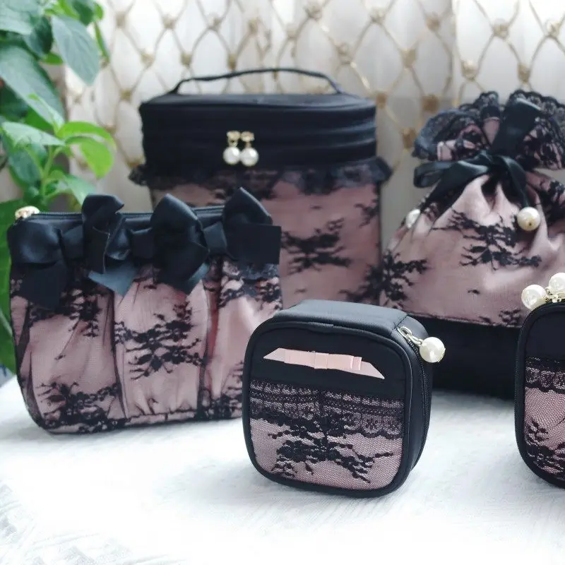 

Японская легкая роскошная черная кружевная косметичка в стиле ретро, портативная косметичка, клатч, портативная дорожная шкатулка для драгоценностей, сумки для хранения