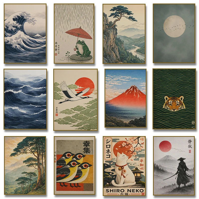 Art mural japonais, affiche sur toile avec motif de grande vague, tigre nageur, samouraï, grue volante, hibou, pour décoration de salon et de maison