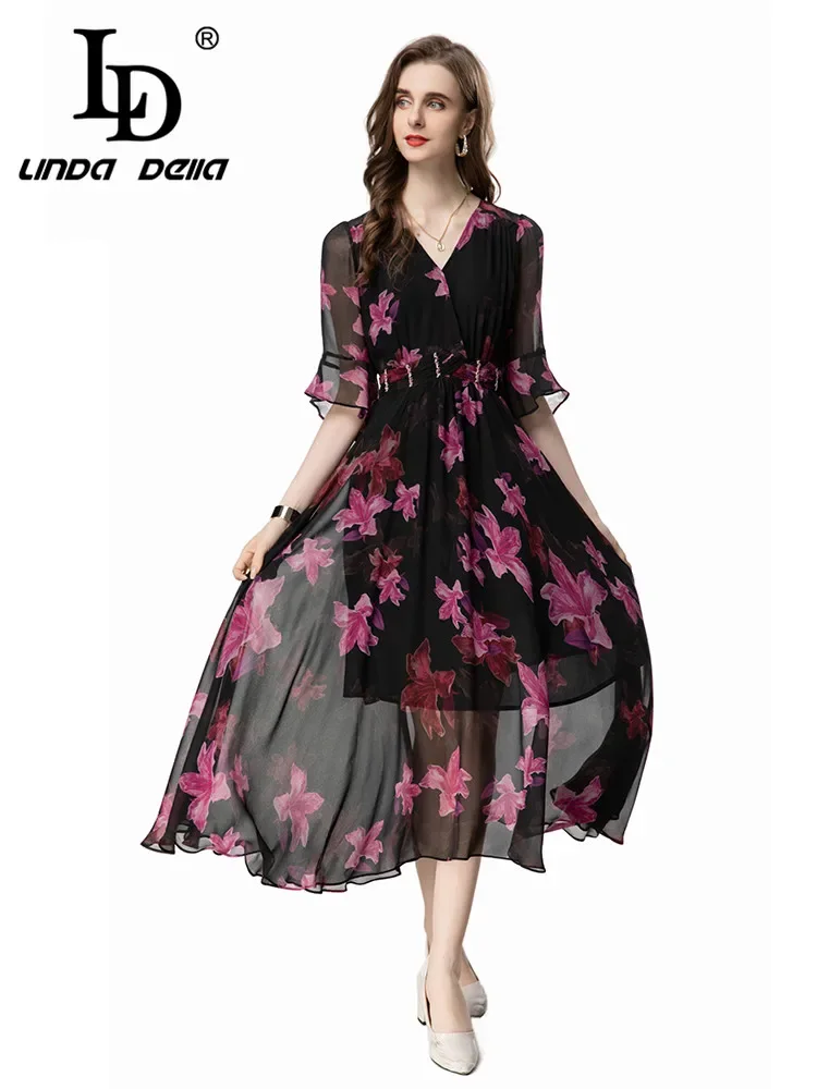 

LD LINDA DELLA Summer New Style Elegant Pretty Dress Women's Vintage Floral Print Chiffon Beading Ruched Tunics V Neck Dresses