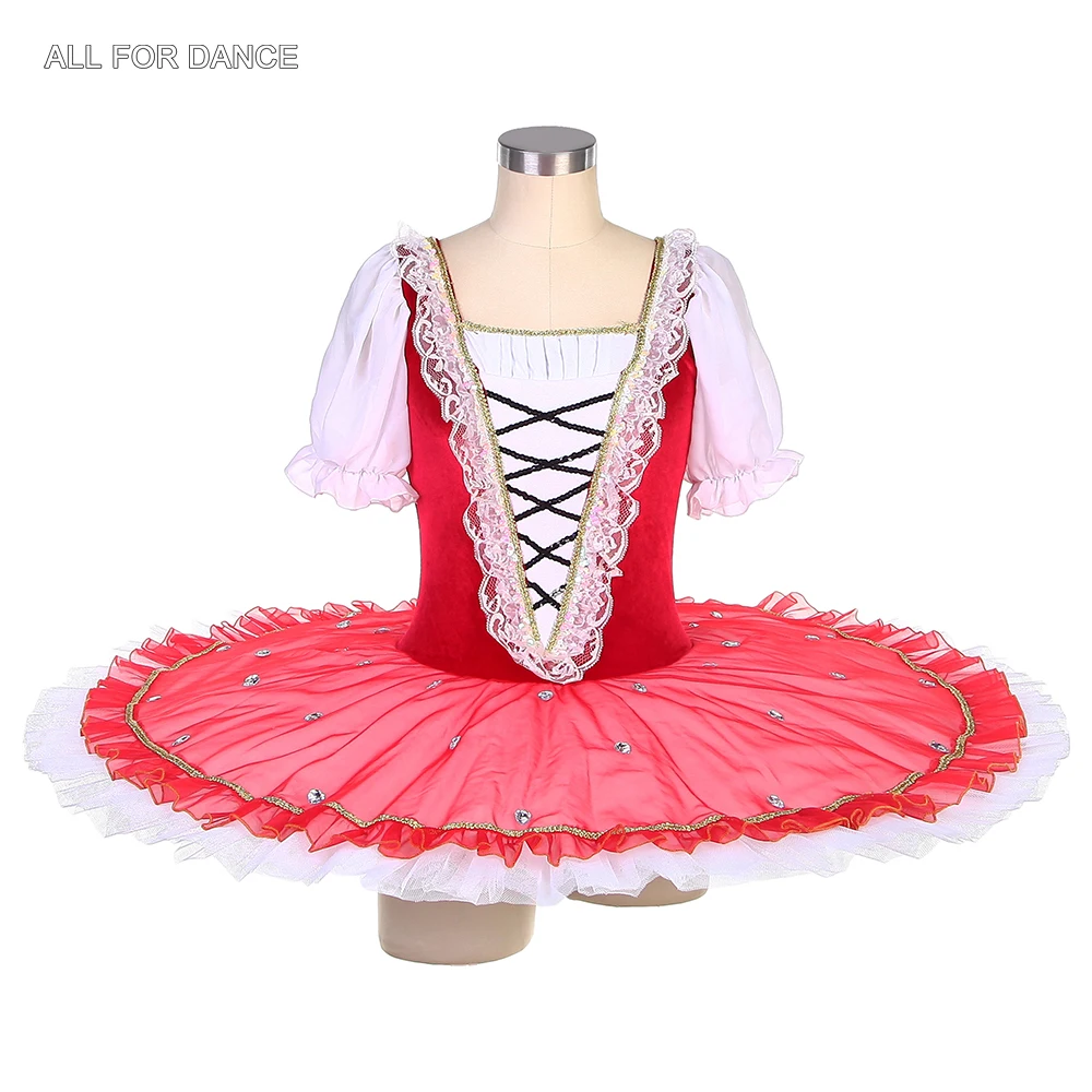 BLL401 Short Sleeve Ballet Pancake Tutu Stretch Red Velvet Bodice with 7 Layers Pleated Tutu Skirt Pre-Professional Ballet Tutus