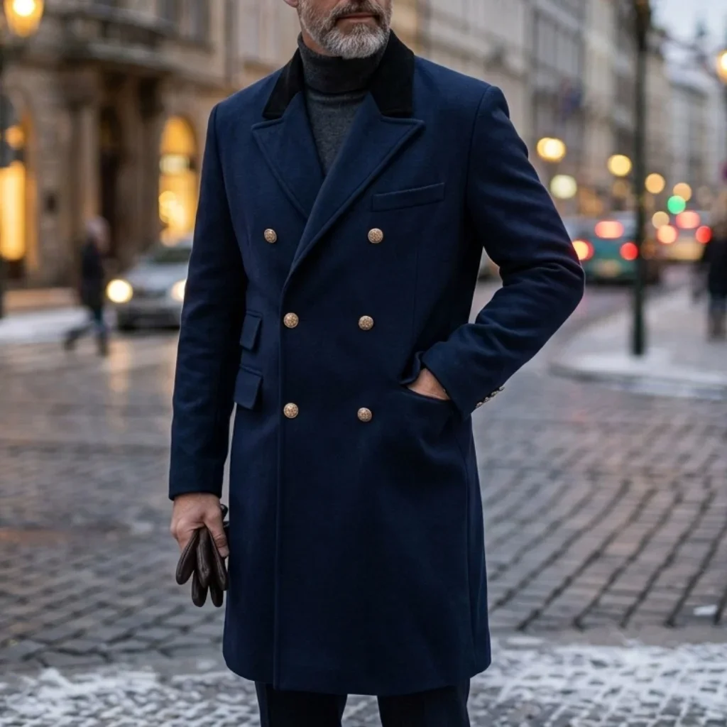 Neuer Winter-Herren-Doppelreihiger Trenchcoat mit Kontrastfarben-Design, Casual/Streetwear, Mehrere Taschen, Warme Winddichte Jacke – Detail 10