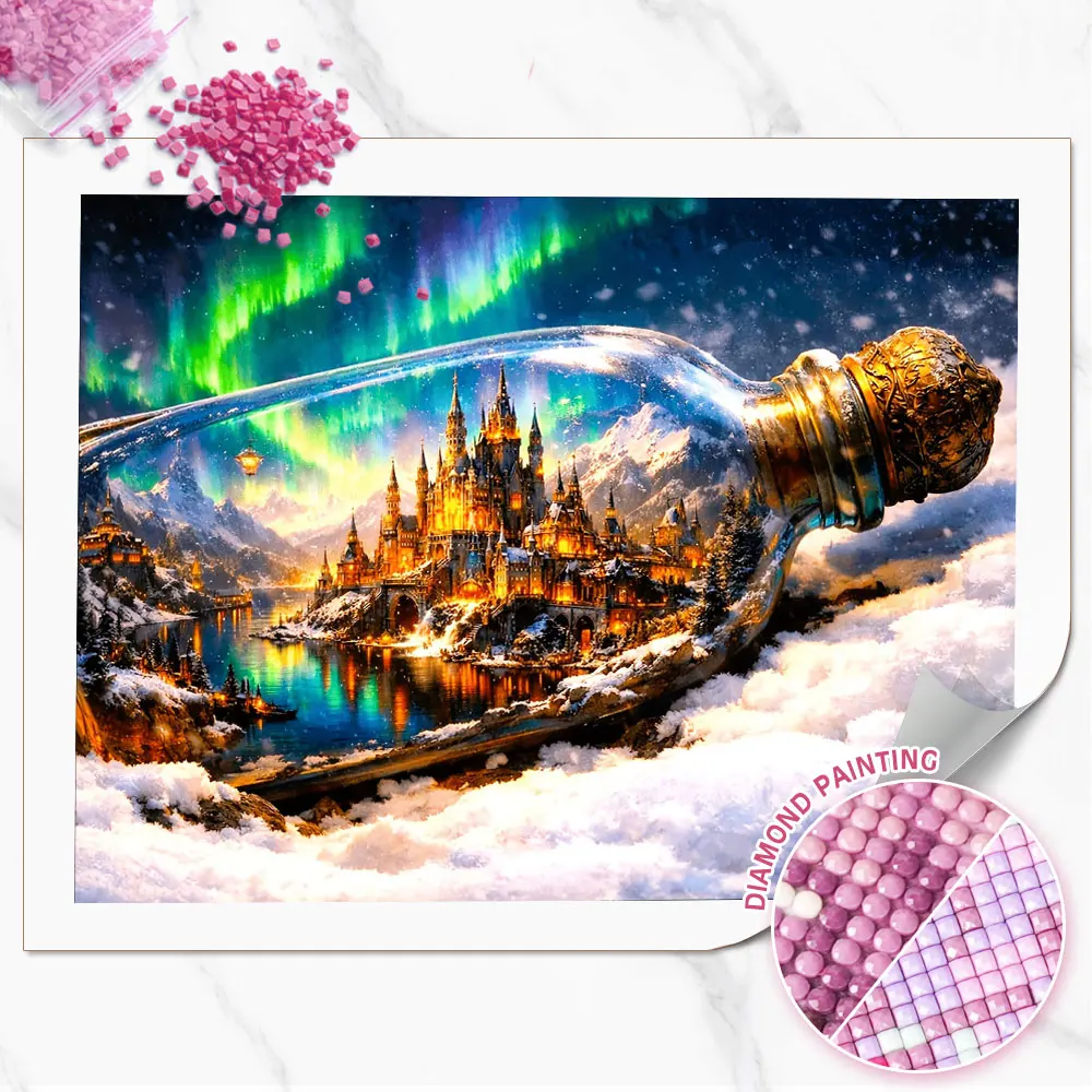 Huacan Full Square Round Diamond Painting Drifting Bottle Aurora Castle Diamond Embroidery Landscape Complete Kit Handmade Gift