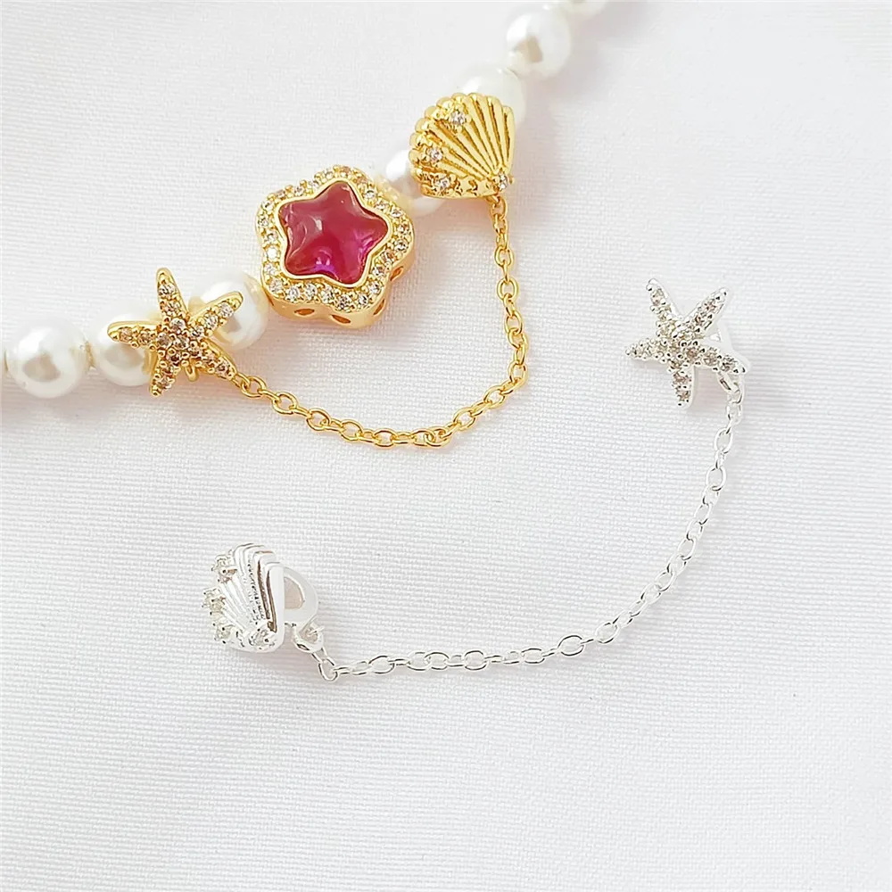 18K Gold-plated Zirconium Starfish Scallop Safety Chain Pendant Diy Handmade Extended Chain Necklace Loose Bead Accessories