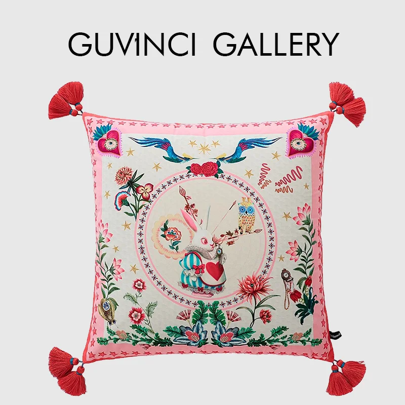 

GUVINCI Springtime Pretties Sweet Bunnies Cushion Cover Rich Velveteen Magnificent Rabbit Decorative Pillow Case With Tassels