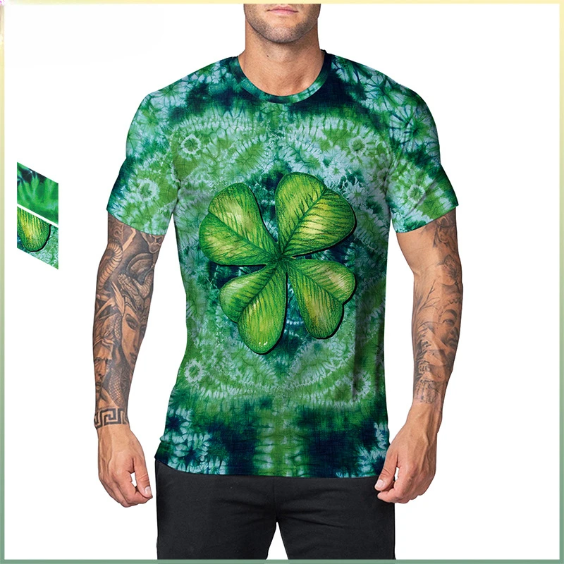 Men's St Patricks Day T-Shirts 3D Printed Novelty Clover Leaves Pattern Tees Shirt Summer Casual Short Sleeve Oversized Tshirt