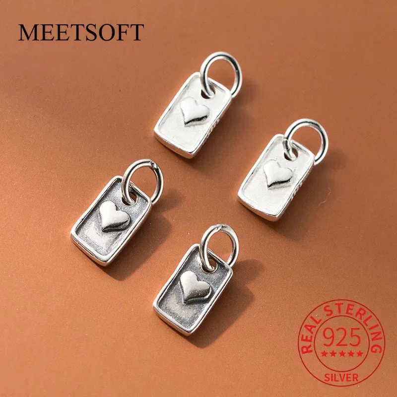 MEETSOFT 925 Silver Double-sided Heart Square Card Worn Pendant DIY Handstring Retro Handmade Rope Material Accessories