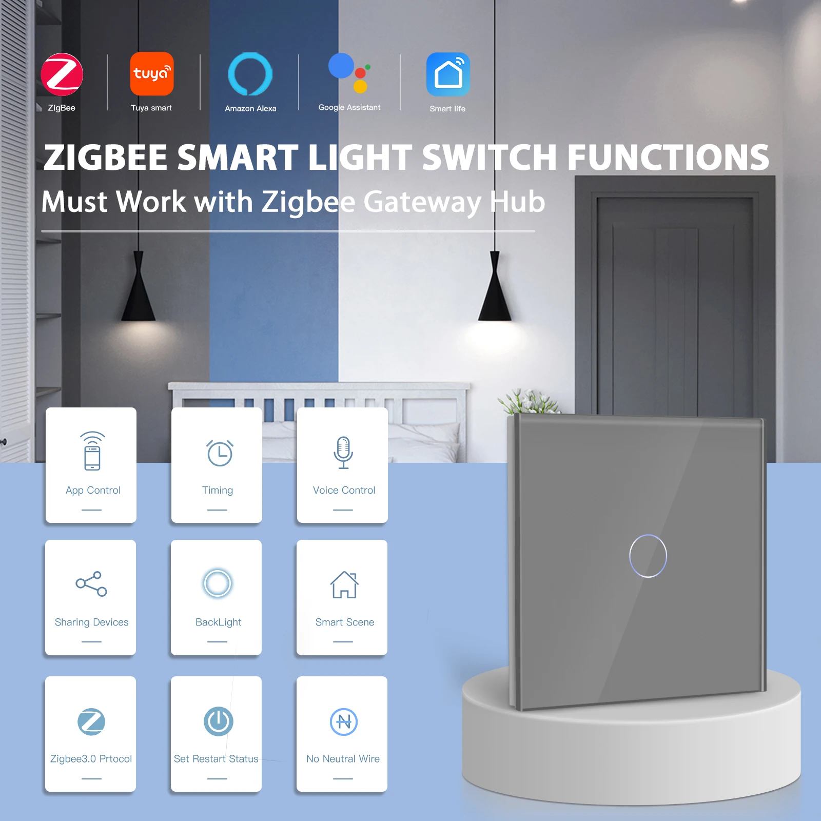 BSEED Zigbee Touch Switches 1Gang 3Way Smart Light Switches For Stairs Tuya Google Home Alexa Control No Neutral Version 3Pack