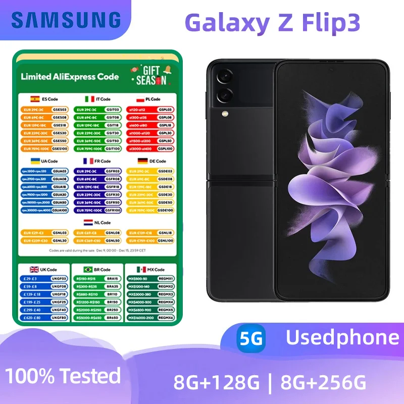 Samsung Galaxy Z Flip3 5G SmartPhone Snapdragon 888  6.7inch Screen 3300mAh 12MP Camera Original Used Phone