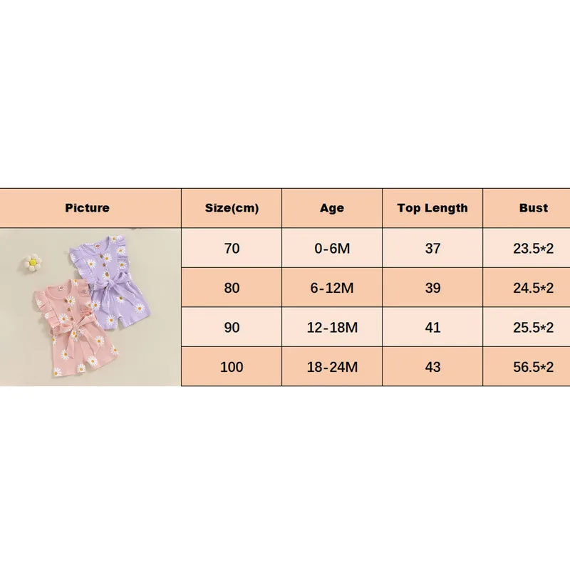 Peleles con estampado de margaritas para niñas pequeñas, monos de manga con volantes y botones de cuello redondo, ropa de verano con cinturón