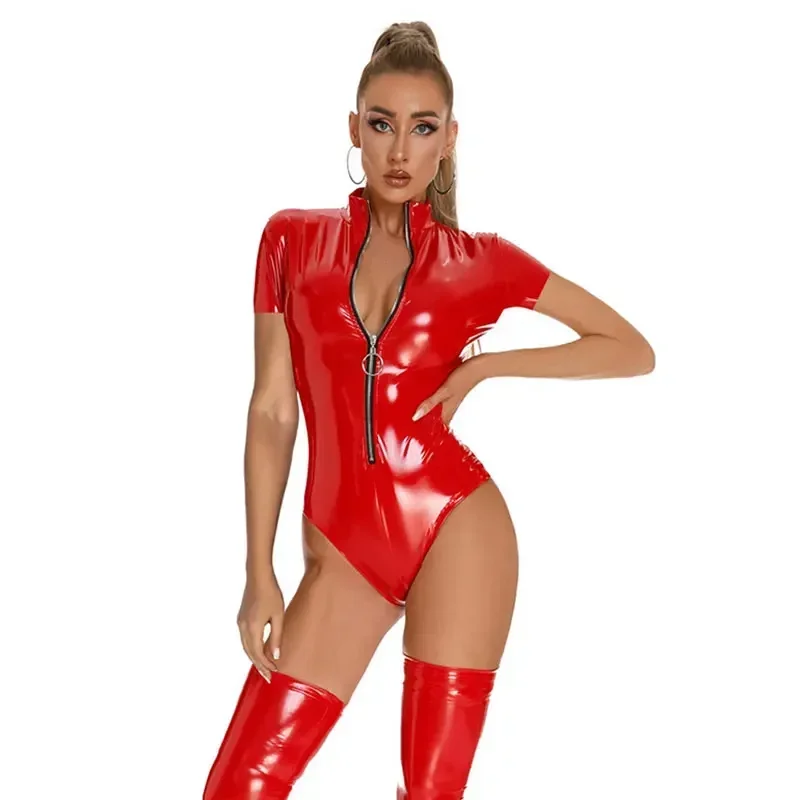 Women Shiny Faux Leather Bodysuit Front Zipper Bodycon Jumpsuit Women Erotic Sexy PVC Latex Bodysuit Faux Leather Catsuit