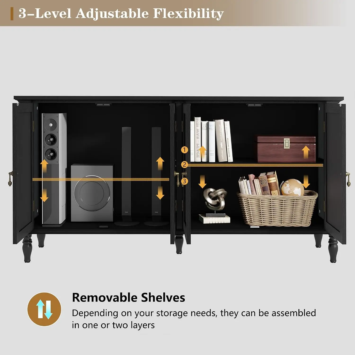 Vintage Buffet Cabinet with Storage Solid Wood Veneer 58 Inch, Customized