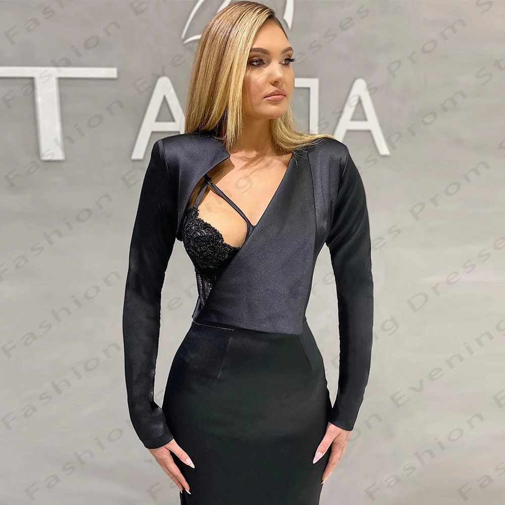 2024 Black Satin Evening Dresses Women's Mermaid Long sleeved Sexy Side Split Princess Prom Gowns Fashion Celebrity Party Robe