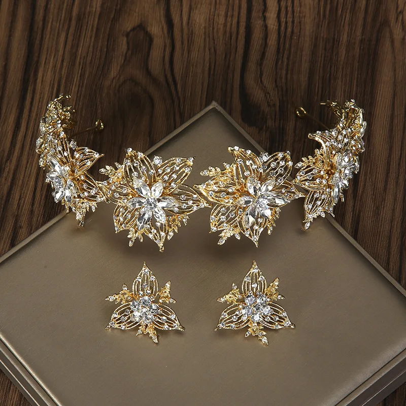2Pcs Fashion Gold Silver Color Crystal Rhinestone Headbands Earrings Set For Bride Women Wedding Hair Accessories Head Jewelry