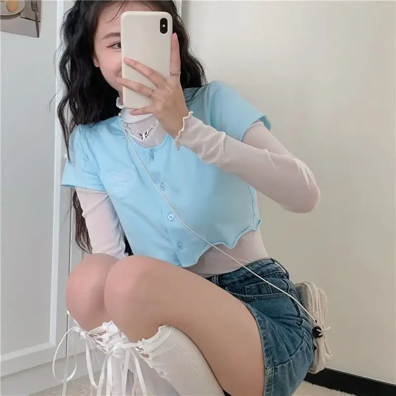 

Sets Women Y2k Summer Sunscreen Thin Pile Collar Blouse Leisure Crop Girlish Lovely T-shirt 2 Pcs Outfit Korean Fashion Clothing