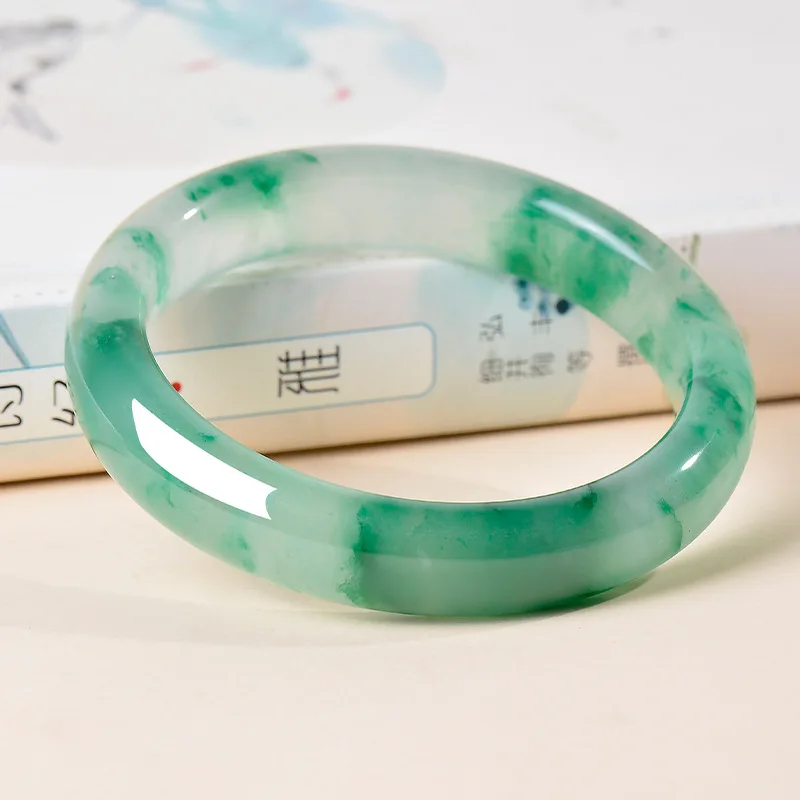 Pulsera de Jade Dulong Natural de Yunnan Fengfeihong, Alta Translucidez con Patrón Floral, un Regalo Único para Mamá, Exclusiva