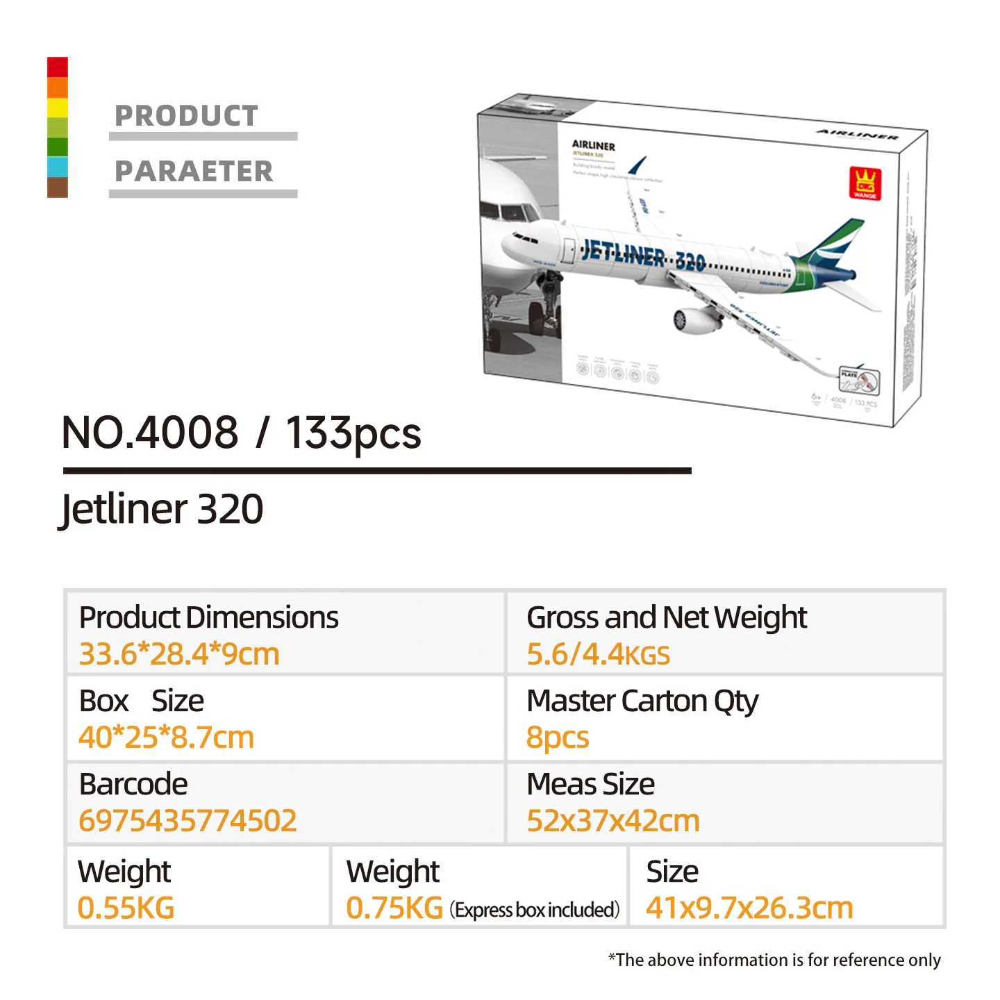 Wange 4008 Jetliner 320 Building Blocks 130pcs Small Particle Plane Model Kit Assembly Toy Gift for Kids