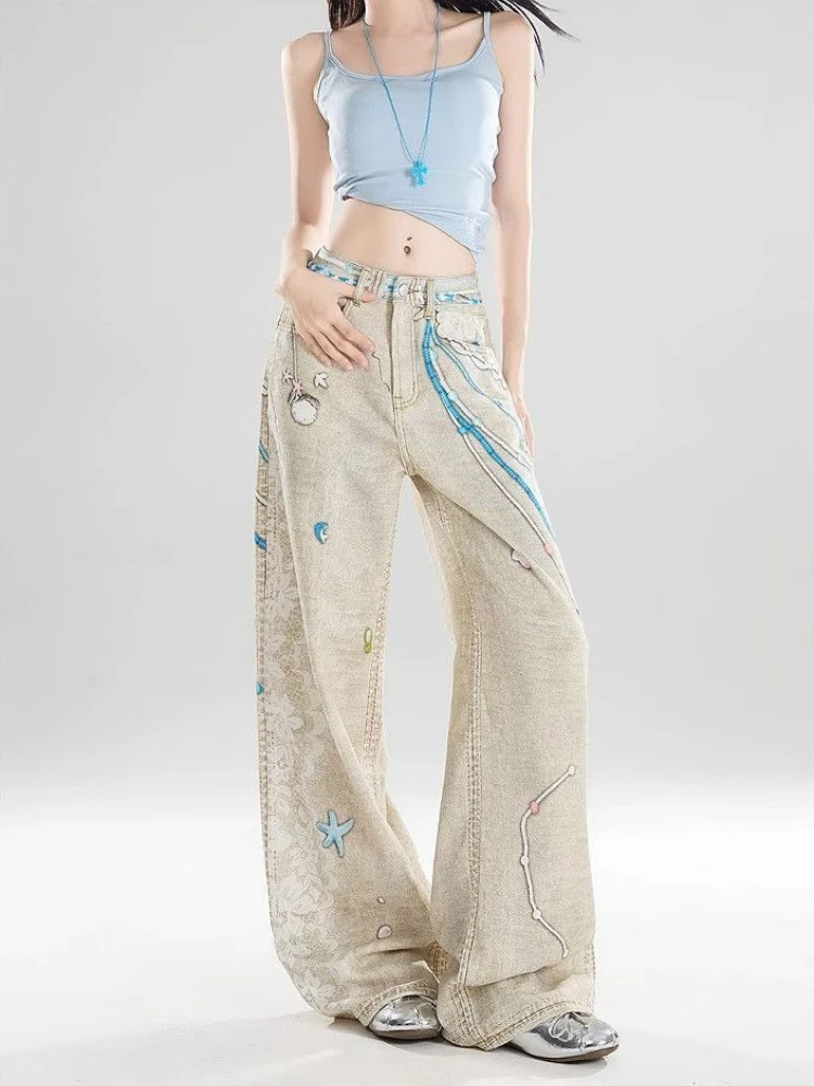 Summer New Women's High Waist Loose Fit American Vintage Jeans Wide Leg with Chain Lace Print Slimming Design