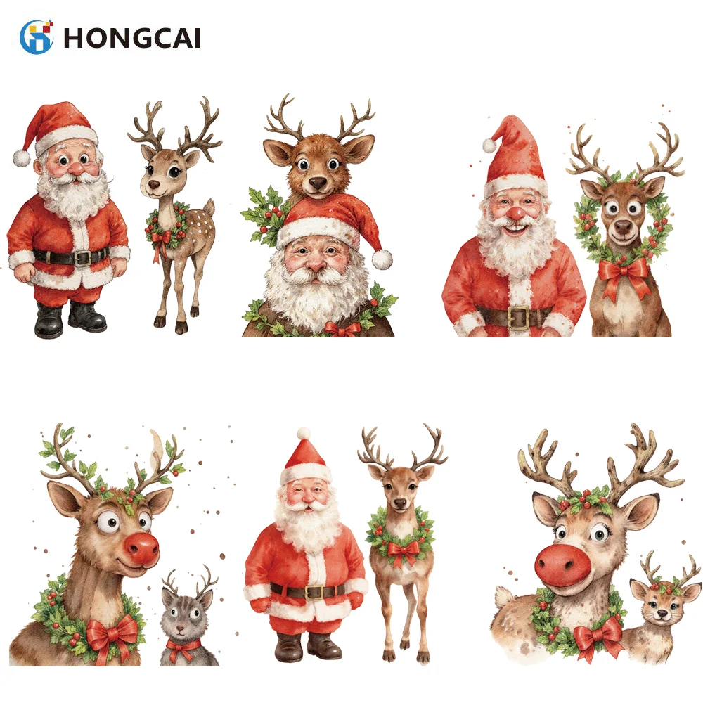 6-Piece Santa Claus & Adorable Reindeer Heat Transfer Vinyl Stickers – Ideal for personalizing clothing, bags, pillows & more.