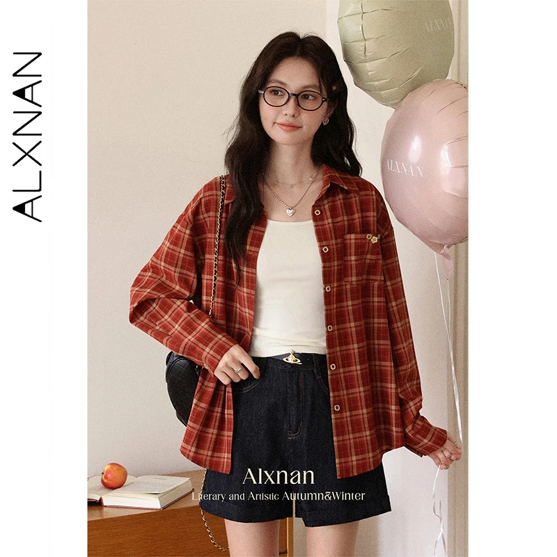 ALXNAN قميص منقوش خمر زهرة زر جيوب فضفاضة تناسب المرأة قمصان الخريف عادية تنوعا التنقل الإناث بلوزة L56836