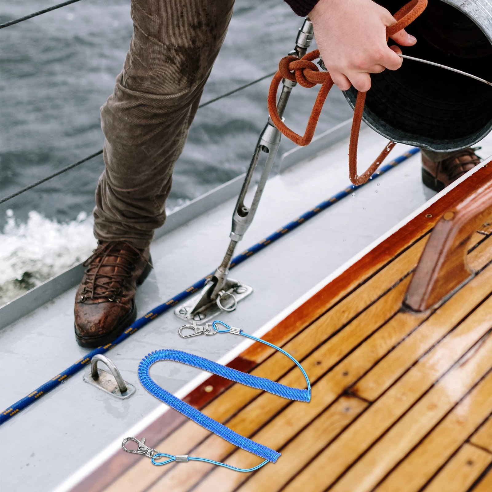 

8pcs Fishing Rod Protection Rope Keychains Retractable Elastic Security Tether Waterproof Rust-Proof Stainless Steel Durable