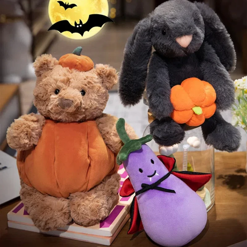 Halloween New Black Rabbit Hugging Pumpkin Plush Toy Stuffed Doll Decoration Soft Pumpkin Bear Earphones&Cloak Eggplant Gift