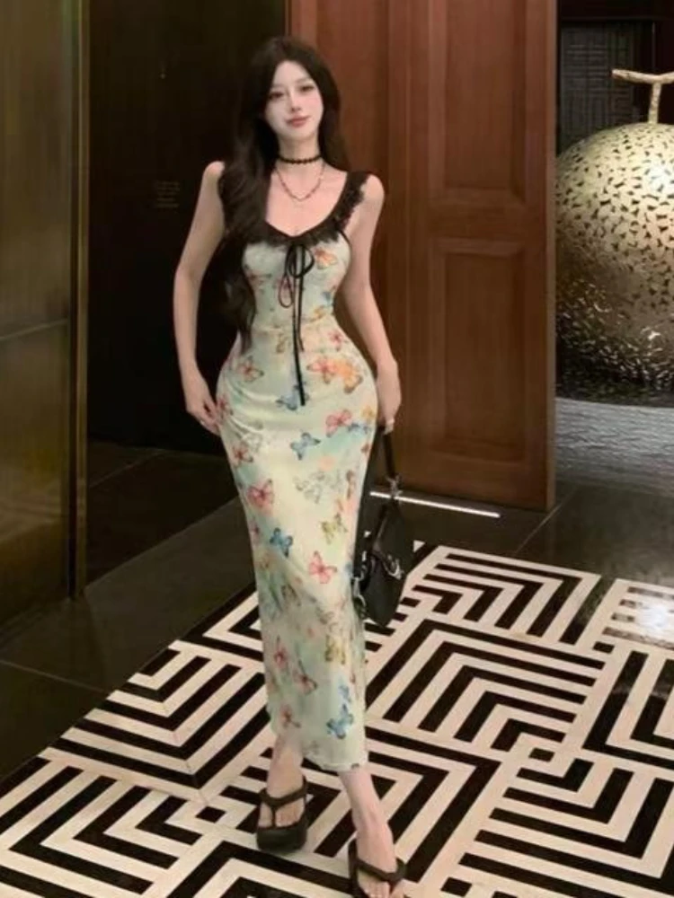 2025 Pure Desire Farfalla Lace Trim Senza maniche Cinghie Abito Sexy Hot Girl Dolce piccante Vita aderente Estate Chic Abito slim fit