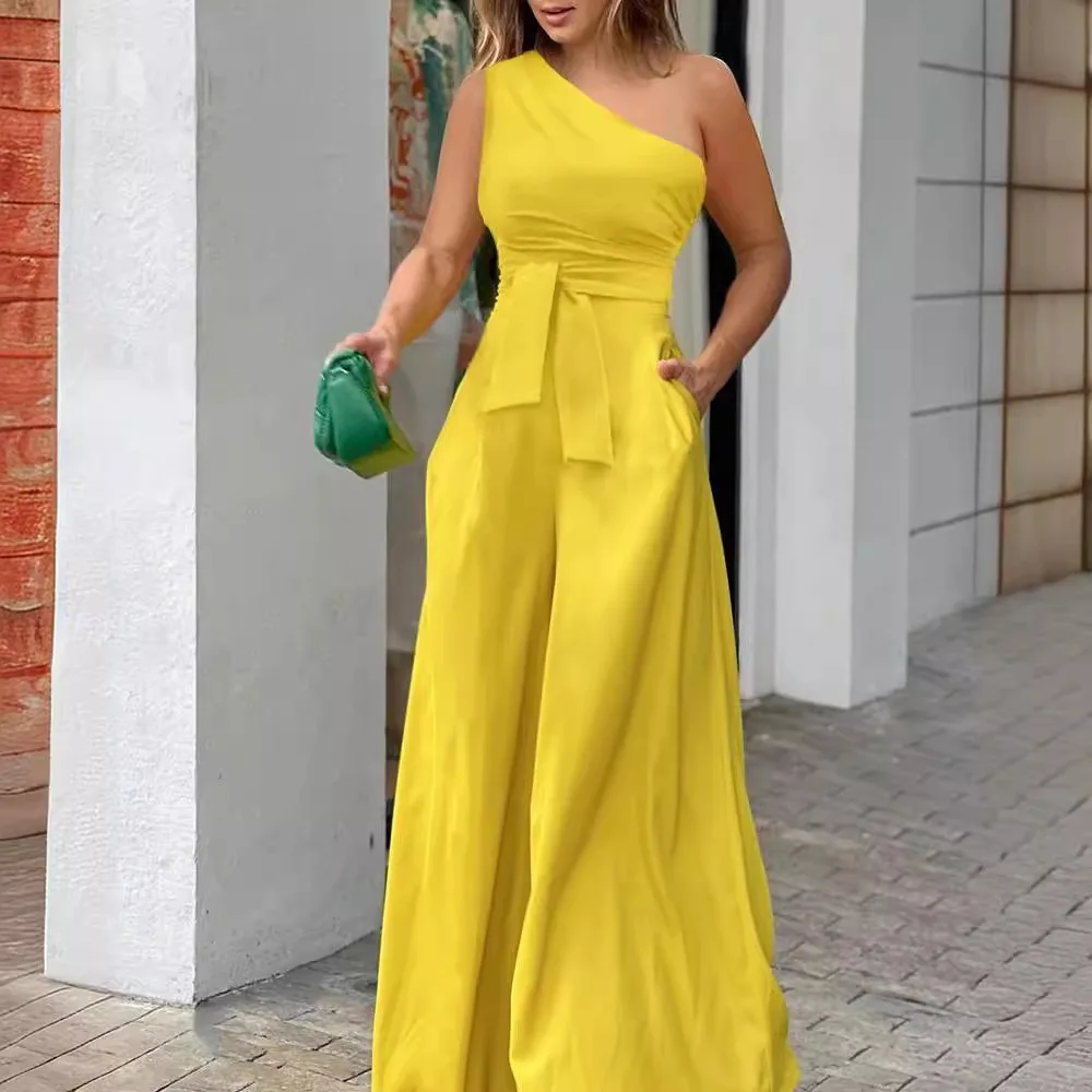 เสื้อผ้าผู้หญิงJumpsuitสีทึบLace-Upไม่สม่ําเสมอOff-The-Shoulder Casual Highเอวกว้างขาสุภาพสตรีJumpsuit