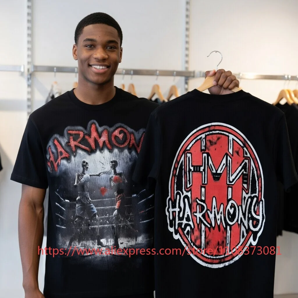 Harmony Men's Skeleton Boxing Graphic 2026 T-Shirt Streetwear Vintage Oversized Cotton Casual Tee