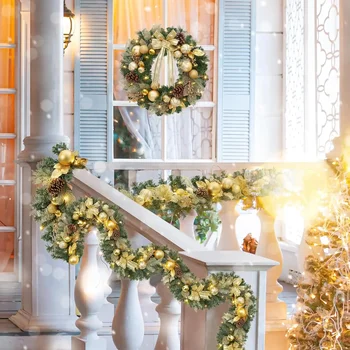 Garvee 6 FT Gold Christmas Garland with Lights Pre-Lit Holiday Garland with LED Lights Home Room Decor Outdoor Courtyard Long Pine Trees Rattan Hanging Accessory 1