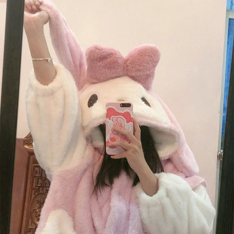 Sanrio My Melody Plush Pajamas Y2k Autumn Winter Coral Velvet Warm Sleepwear Women Kawaii Anime Thickened Flannel Home Clothes