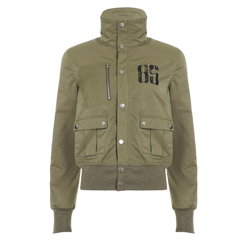 

Куртка-бомбер в стиле карго с буквенным принтом, осень 2022, женская мода, ретро воротник-стойка, длинный рукав, молния, пуговицы, карманы, пальто