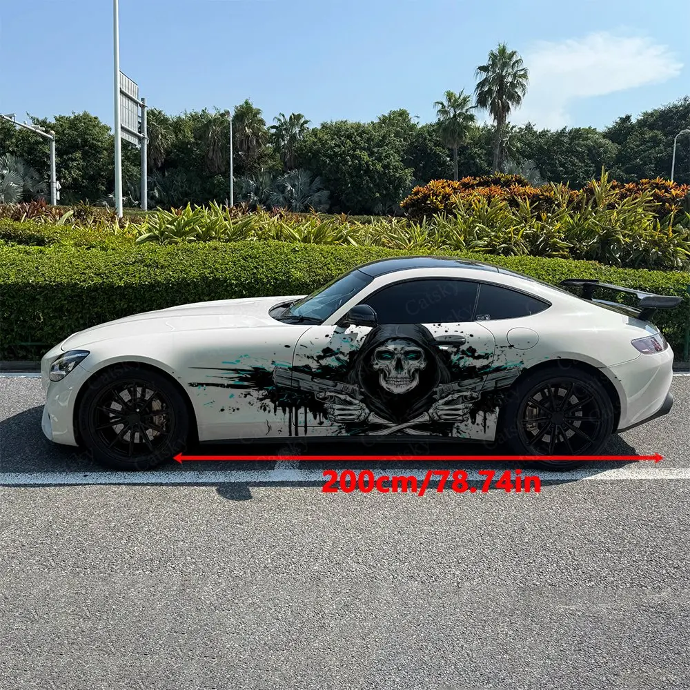2pcs Splash Brush Strokes Hooded Skull Car Side Wraps, Self-Adhesive PVC Waterproof & Scratch-Resistant Stickers, Car Accessory