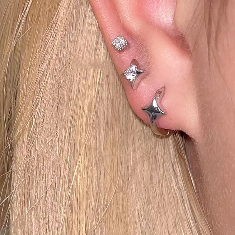 Fashion Asymmetric Four-pointed Star Hoop Earrings For Women Fairy Earring Simple Silver Color Aesthetic Jewelry Gifts image 3