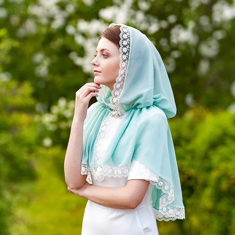 Bride Veil Head Covering Cape Shawl Muslim Headscarf Catholic Veil Lace Hooded Cape Cloak