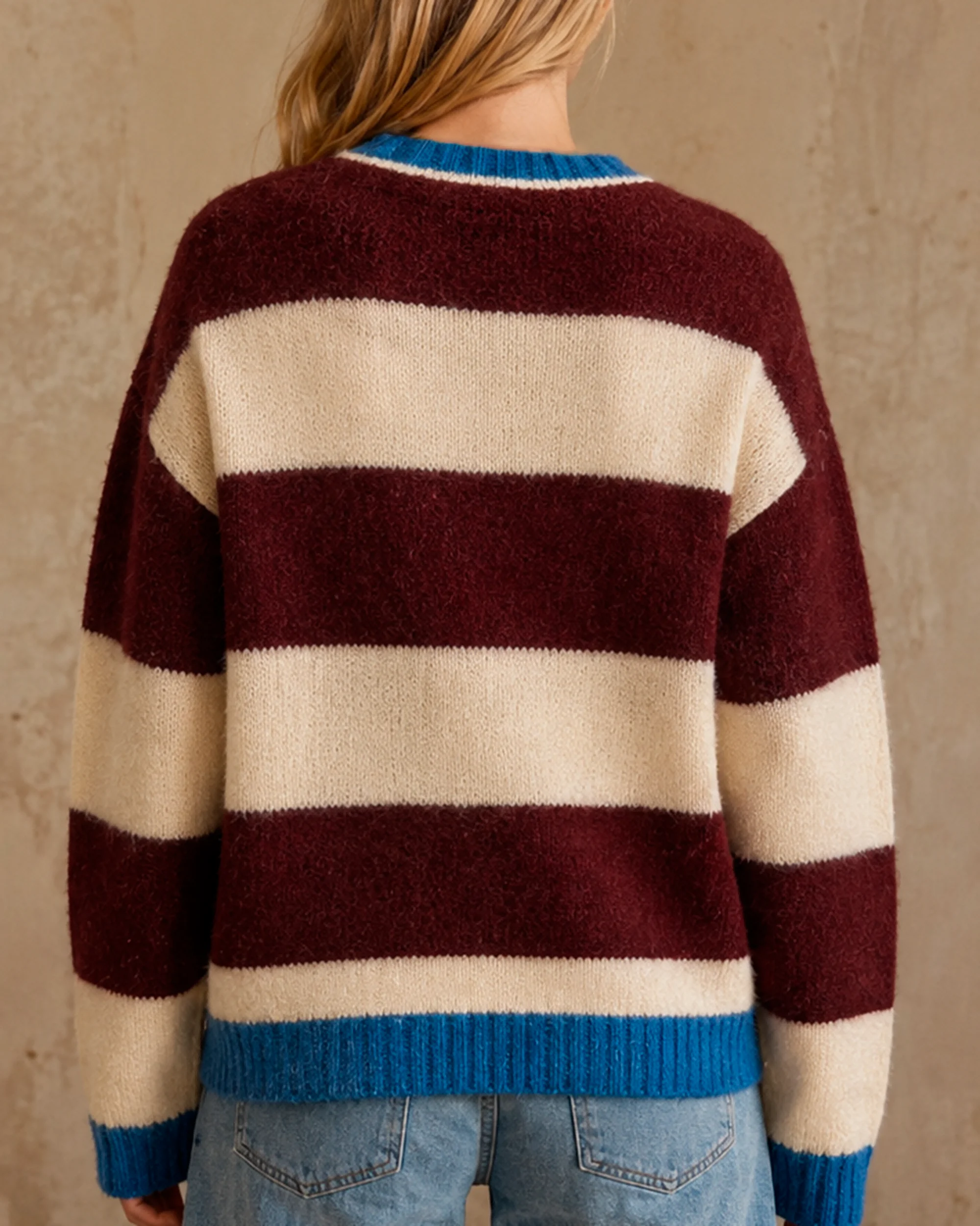 Women's Burgundy Apricot Stripe Fuzzy Sweater Blue Trim Drop Shoulder Y2K Aesthetic Preppy Retro Autumn Winter