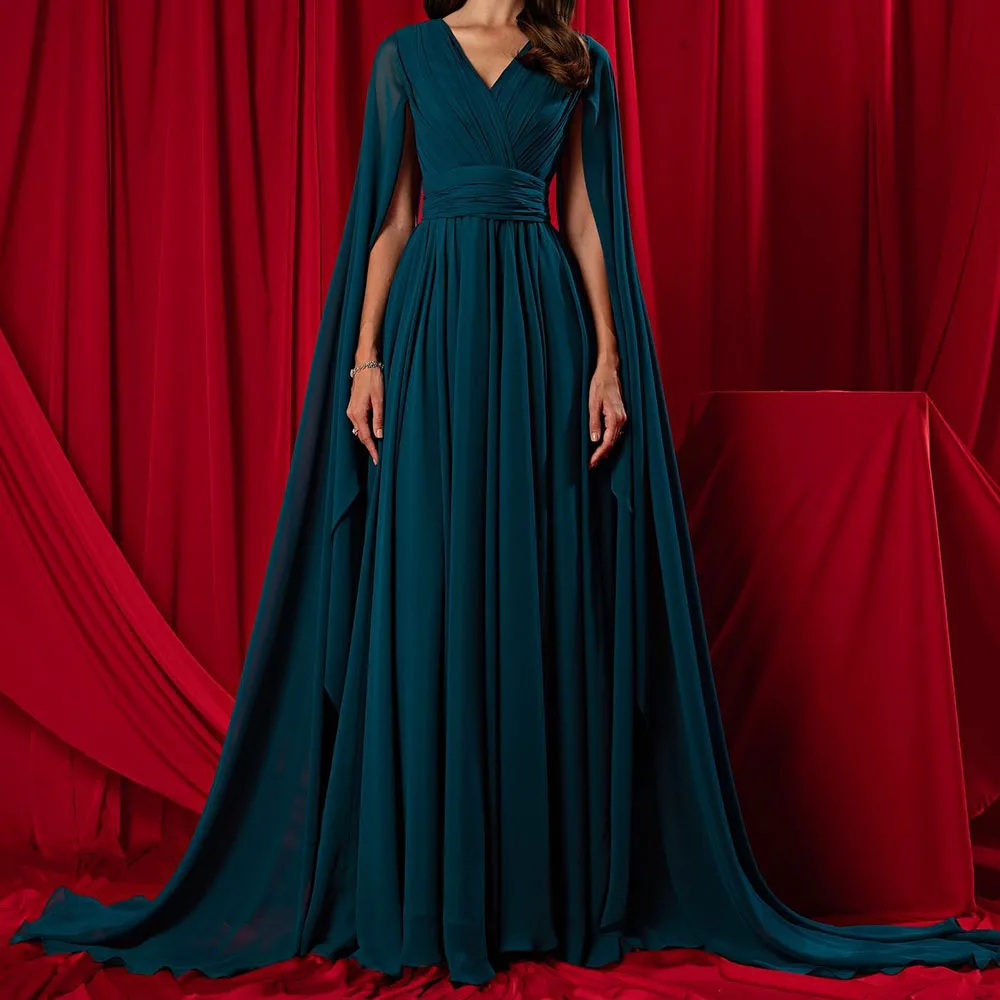 Customized Fashion A-Line Floor Length V-Neck Jersey Sleeveless Pleats Evening Dress Elegant Photo Color vestidos para mujer