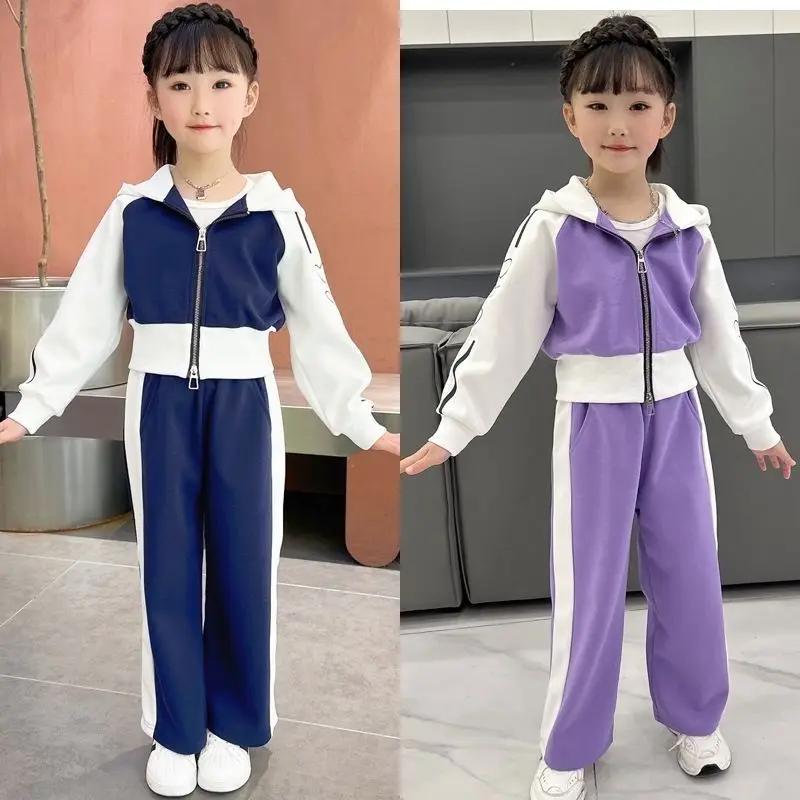 Girls Cotton Contrast 2-Way Zip Cropped Sweatshirt Jacket+Sweatpant School Kid Tracksuit Child Jogger Outfit Workout Set