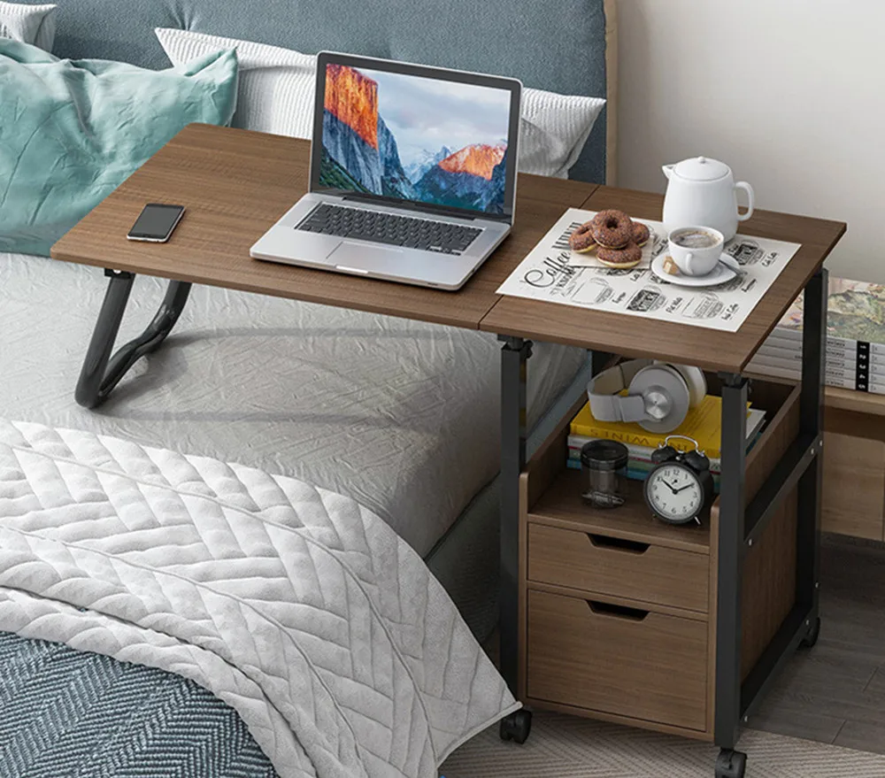 

Movable Bedside Table, Height Adjustable Laptop Desk, Home Bedroom Small Table with 2 Drawers