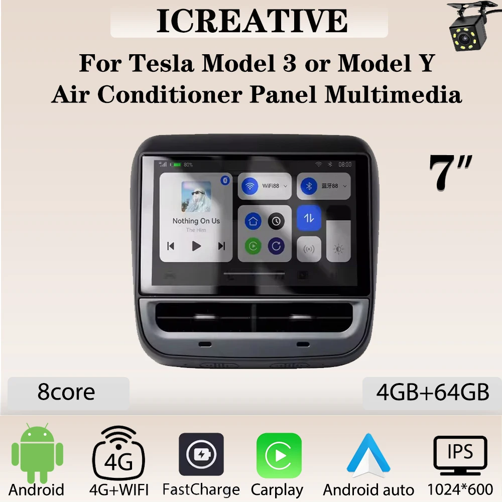 Per Tesla Model Y o Model 3 Car Rear Air Conditioner Panel Display schermo da 7 pollici 4G 64G Android Multimedia Carplay Vedio Player