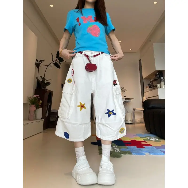 

Multi-pocket Star Embroidery Work Wear White Cropped Jeans Women's Summer Thin Loose Wide-leg Mid-length Pants