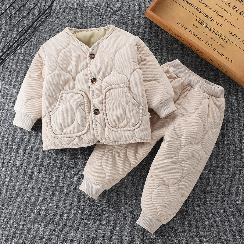 2024 Children\'s Winter Thickened Two Piece Boys Solid Color Warm Set Girls Autumn New Cotton Casual Buttons Sports Suit 2-6 Year